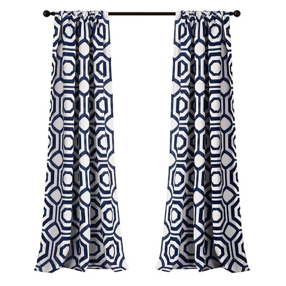 Room Darkening Window Curtain Navy 52X84 Set Half Moon Octagon Blocks #2567 - Picture 2 of 8